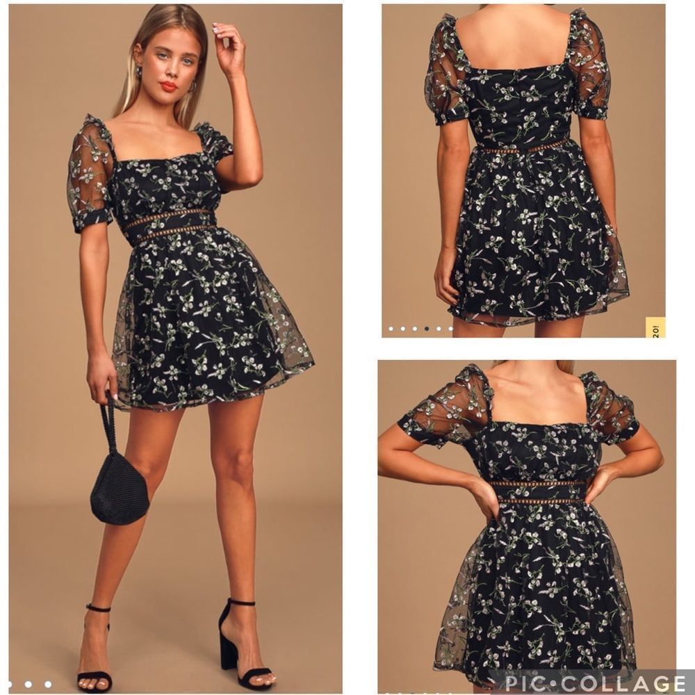 Lulu’s Radiant Love Black Floral Embroidered Short Sleeve baby doll Skater Dress